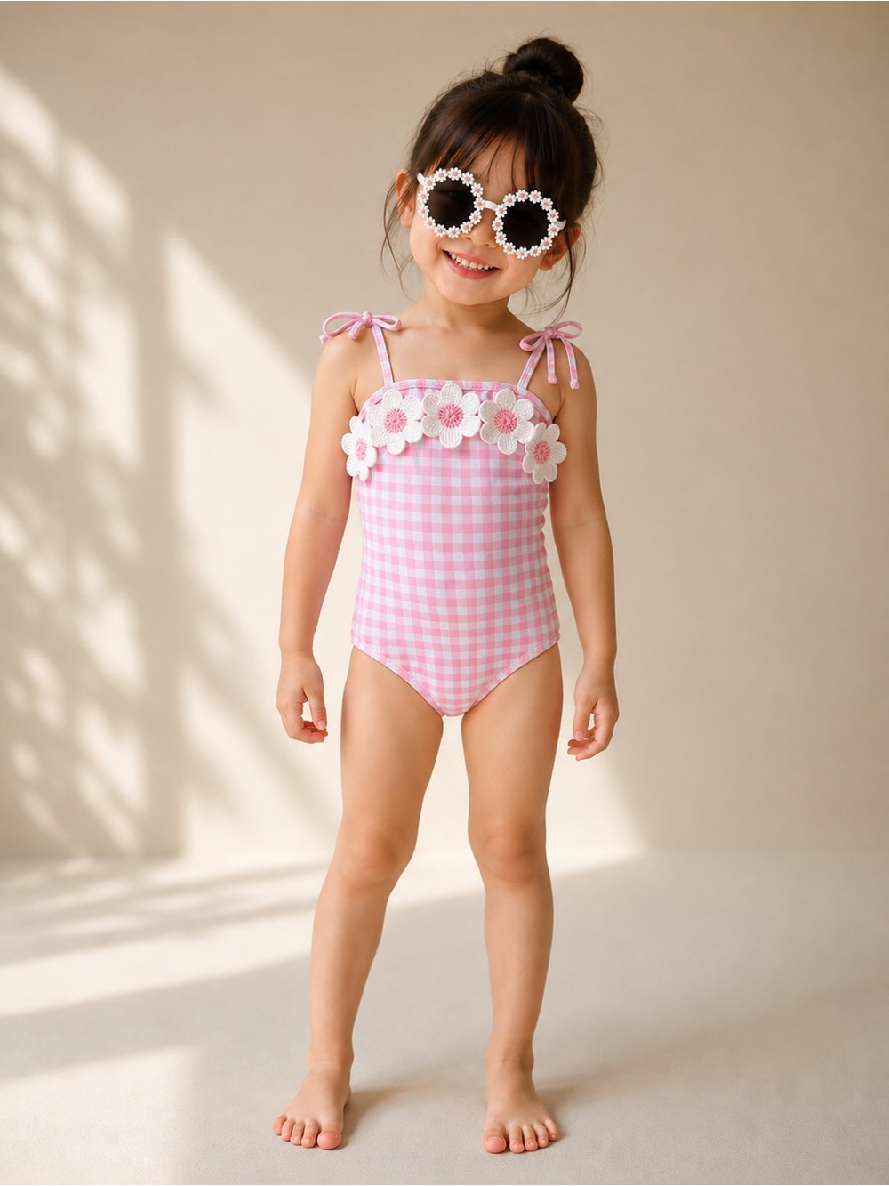 Nicole Miller Kids Pink Gingham One-Piece Swimsuit with Daisy Trim